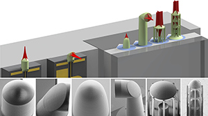 Mikrolinsen und Mikrospiegel lassen sich mit 3-D-Nanodruck auf optischen Fasern und Mikrochips herstellen. (Abbildung: Philipp-Immanuel Dietrich/Florian Rupp/Paul Abaffy, KIT)