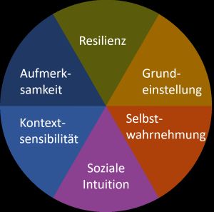 Dimensionen der emotionalen Stile im Kreisdiagramm: Grundeinstellung, Resilienz, soziale Intuition, Selbstwahrnehmung, Kontextsensibilität und Aufmerksamkeit