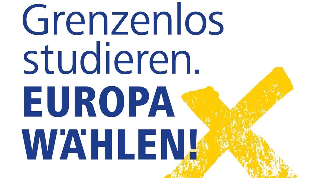 Logo mit der Aufschrift "Grenzenlos studieren. Europa wählen!" (Grafik: HRK)