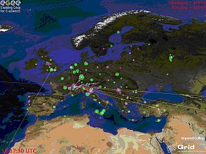 Das EGEE-Grid umfasst weltweit über 300 Rechenzentren in mehr als 50 Ländern. Die Abbildung zeigt den europäischen Teil, zu dem das Grid Computing Centre  Karlsruhe (GridKa) des SCC als Tier-1 Zentrum maßgeblich beiträgt. (Foto: Imperial  College London)