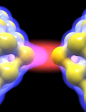 Tausendfach verstärktes elektromagnetisches Feld in der Lücke zwischen zwei  Goldnanostrukturen. Die schematische Darstellung zeigt Goldatome und ihre  chemischen Bindungen (gelb), die Elektronendichte (blau) und das erhöhte  elektromagnetische Feld (rot)