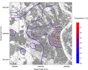 Wärmepotenzial der Stadt Köln: Grundwassertemperaturen in einer Tiefe von 15 Metern. (Grafik: Zhuh et al.) 