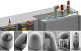 Mikrolinsen und Mikrospiegel lassen sich mit 3D-Nanodruck auf optischen Fasern und Mikrochips herstellen. Dies vereinfacht den Aufbau photonischer Systeme drastisch. (Abbildung: Philipp-Immanuel Dietrich/Florian Rupp/Paul Abaffy, KIT) 