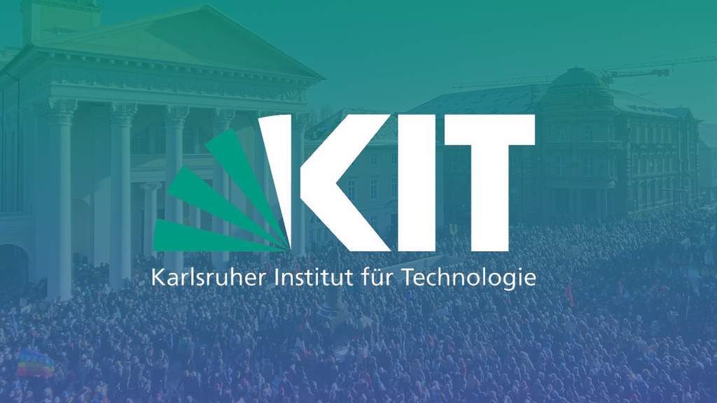 KIT-Logo, in the background, a demonstration against right-wing extremism in Karlsruhe.
