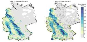 48 Stunden akkumulierter Niederschlag mit dem Radarmessnetz des Deutschen Wetter Dienstes (DWD) im Vergleich zur Richtfunk-Regenkarte. (Grafik: Graf et al., 2020)