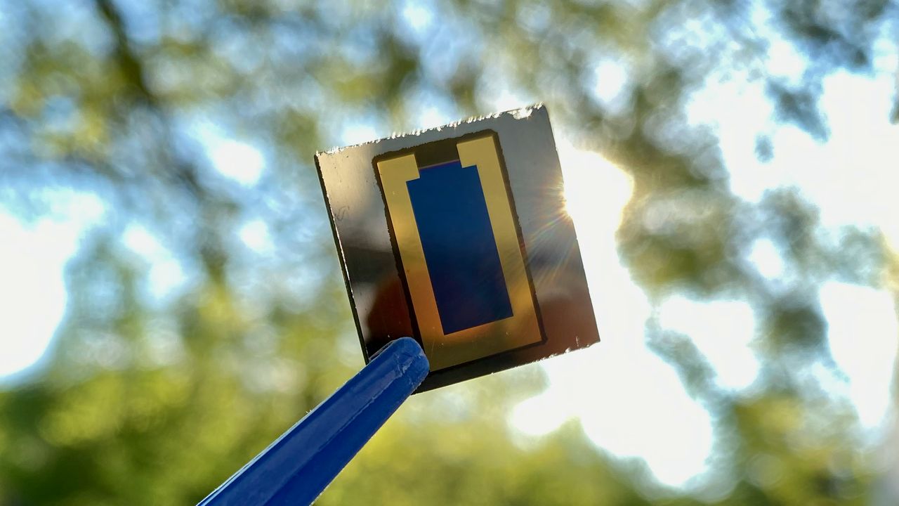 Marco A. Ruiz-Preciado, KIT A small solar panel held by tweezers with sunlight shining through.