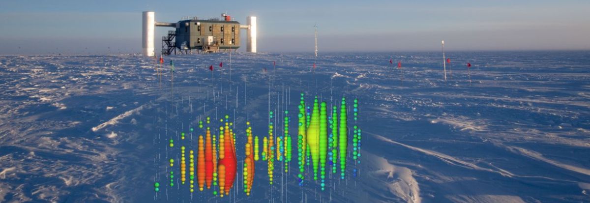 S. Richter, IceCube; Fotomontage: B. v. Puttkamer Neutrino Measurements: above-ground part of the IceCube experiment and graphic simulation of a measurement signal from the detectors in the ice.