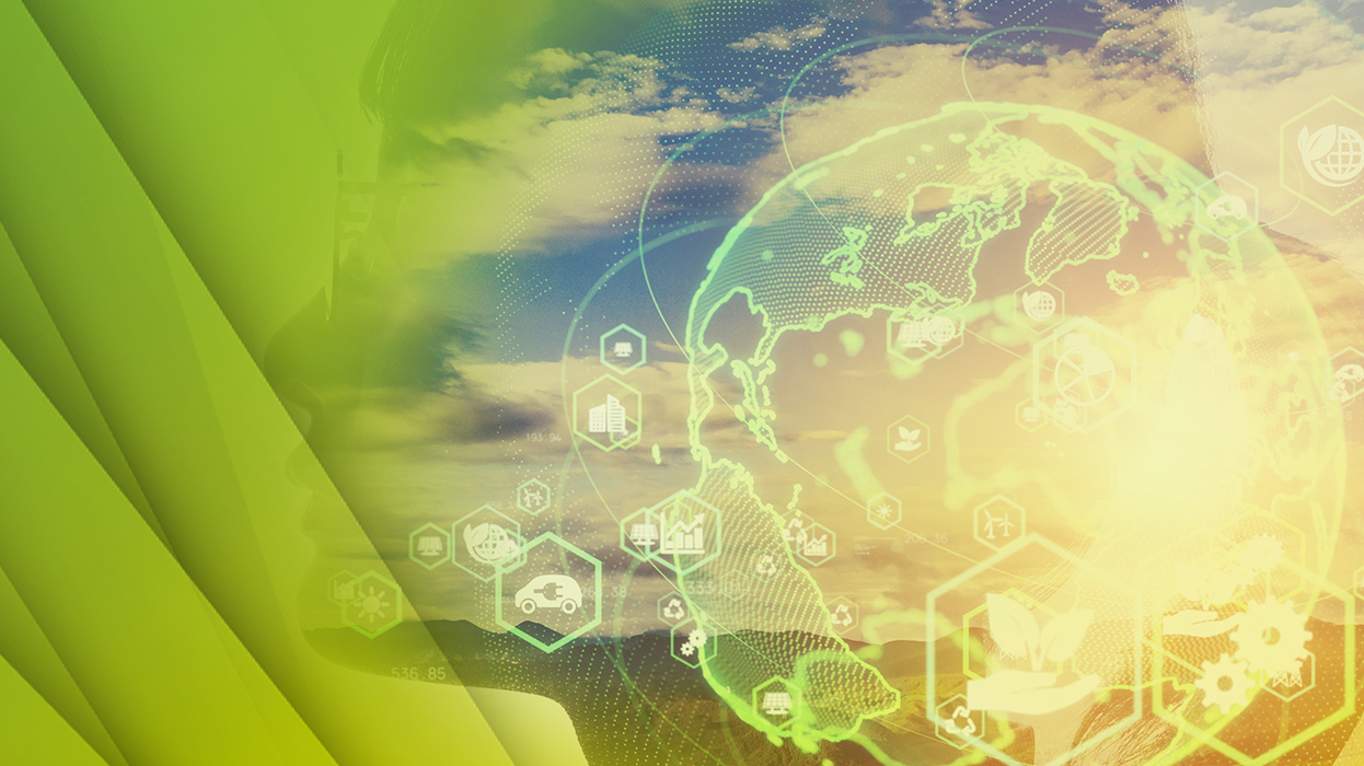 Abstract digital globe with eco-friendly icons and green overlay against a cloudy sky.