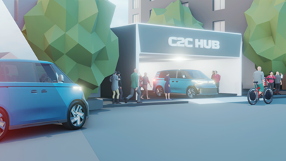 KAMO Futuristic urban scene with C2C Hub, people, electric vehicles, and bicycles.