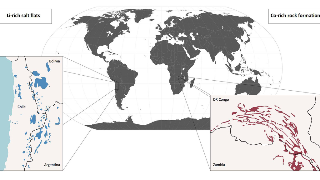 Regionen mit hoch konzentrierten Reserven: das „Lithium-Dreieck“ in Südamerika und, für Kobalt, der „Kupfergürtel“ in Zentralafrika. (Abbildung: Nature Reviews Materials ©Macmillan Publishers Limited)