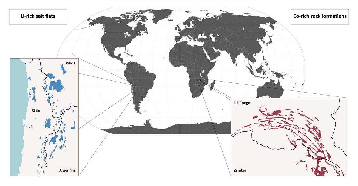 Regionen mit hoch konzentrierten Reserven: das „Lithium-Dreieck“ in Südamerika und, für Kobalt, der „Kupfergürtel“ in Zentralafrika. (Abbildung: Nature Reviews Materials ©Macmillan Publishers Limited)