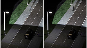 The camouflage effect (left) makes pedestrians invisible to drivers despite good lighting. Intelligent networked car and street lighting can cancel the effect (right) and increase safety. (Photo: Markus Breig, KIT)