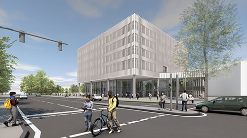 Visualisierung des geplanten Gebäudes InformatiKOM 1 (Copyright: Bernhardt + Partner Architekten PartG mbB, Darmstadt)