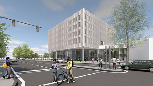 Visualization of the planned building InformatiKOM 1 (Copyright: Bernhardt + Partner Architekten PartG mbB, Darmstadt)