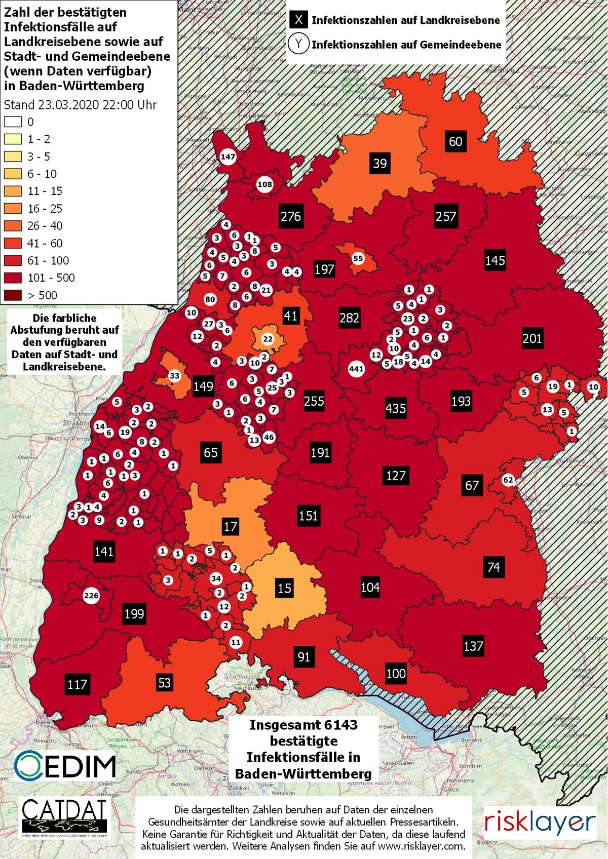 Überblick der Corona-Infektionen auf Landkreisebene sowie auf Stadt- und Gemeindeebene in Baden-Württemberg. (Bild: Johannes Brand, KIT)