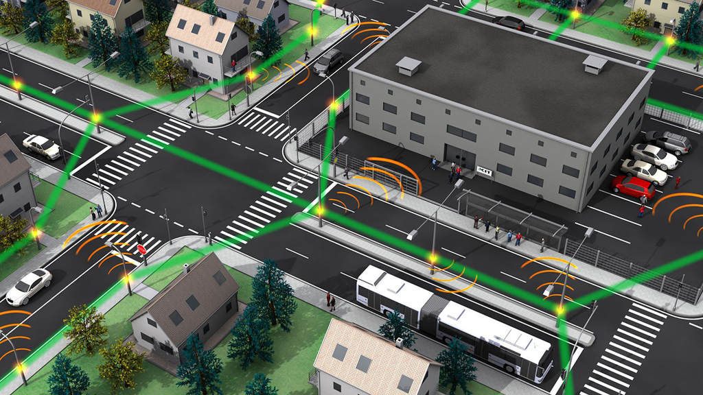 Future mobile network: Small radio cells (orange) are connected by wireless high-speed terahertz links (green).