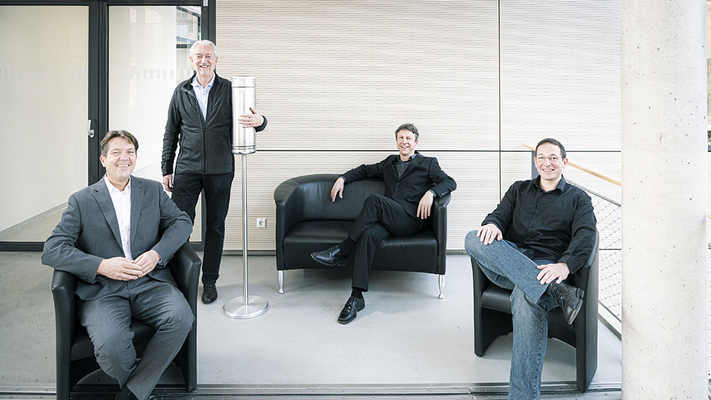 Ensuring virus-free air in the waiting area: the aerobuster inventors (from left) Thomas Blank, Horst Hahn, Jochen Kriegseis and Martin Limbach. (Photo: Markus Breig, KIT).
