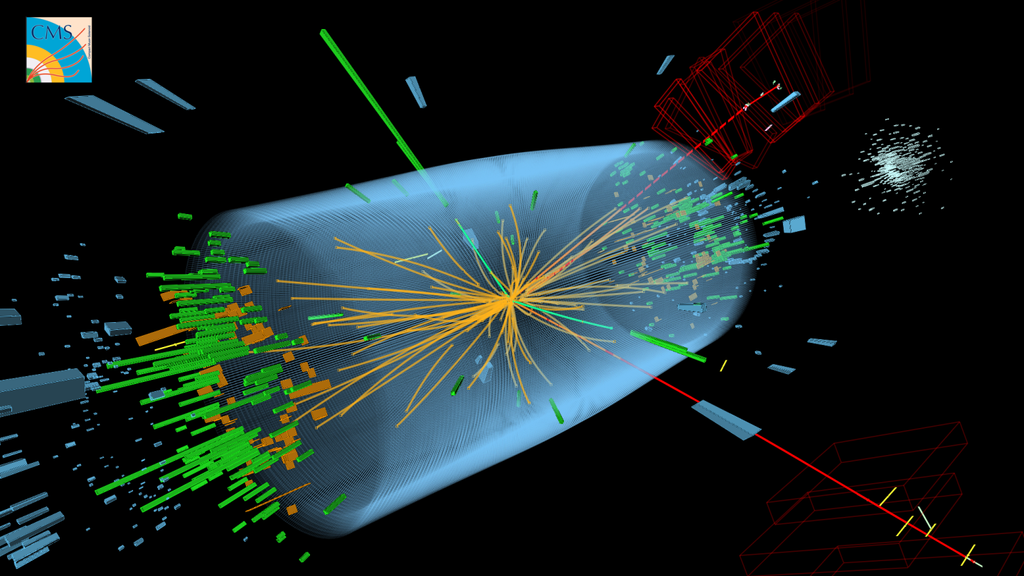 Teilchenspuren nach einer Proton-Proton-Kollision, bei der ein Higgs-Boson erzeugt wurde; aufgezeichnet durch den CMS-Detektor am Beschleuniger LHC des CERN. (Bild: © 2012 CERN / CMS Collaboration)