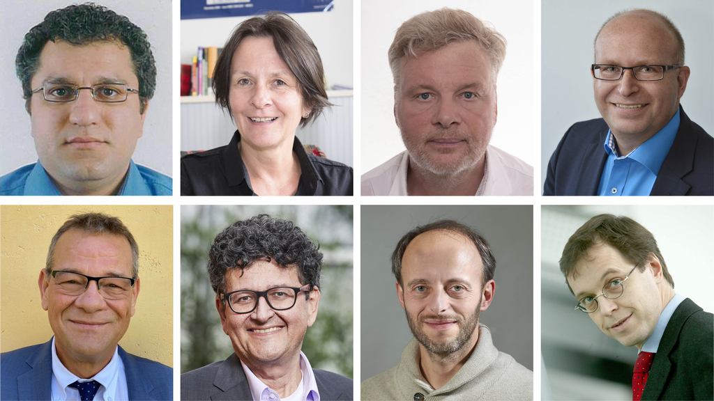 Dr. Haghighirad, Prof. Arneth, Prof. Janek, Prof. Passerini, Prof. Puchta, Prof. Stamatakis, Prof. Wegener (von links oben nach rechts unten). (Fotos: KIT; Georg Kronenberg; privat)