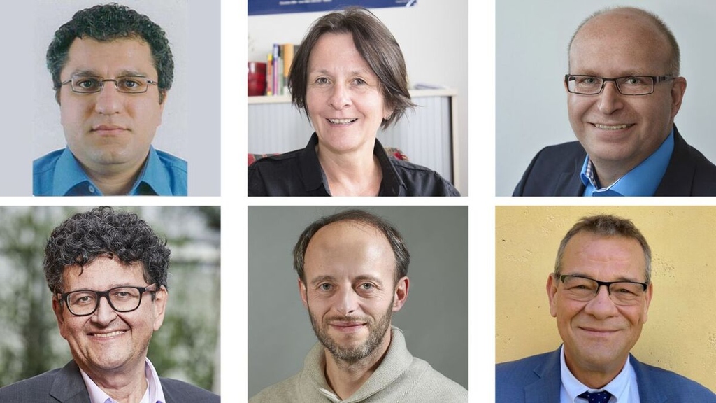 Von links oben nach rechts unten: Dr. Haghighirad, Prof. Arneth, Prof. Janek, Prof. Puchta, Prof. Stamatakis, Prof. Passerini (Fotos: KIT; Georg Kronenberg; privat)