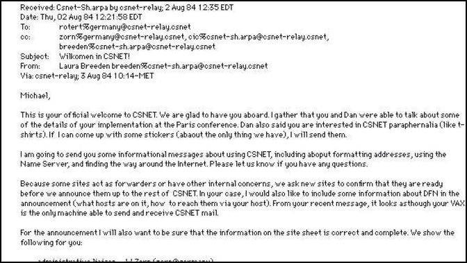 Die Anmeldebestätigung des amerikanischen CSNET war die erste E-Mail, die in Deutschland empfangen wurde (Bild: KIT)