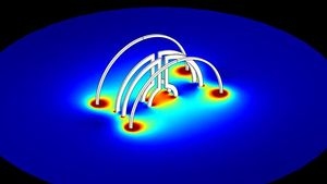 Zwei Lenz-Linsen in einem Helmholtz-Spulenpaar angeordnet. Die Simulation zeigt, wie die Lenz-Linsen den magnetischen Fluss räumlich fokussieren (Abbildung: Nils Spengler, KIT)