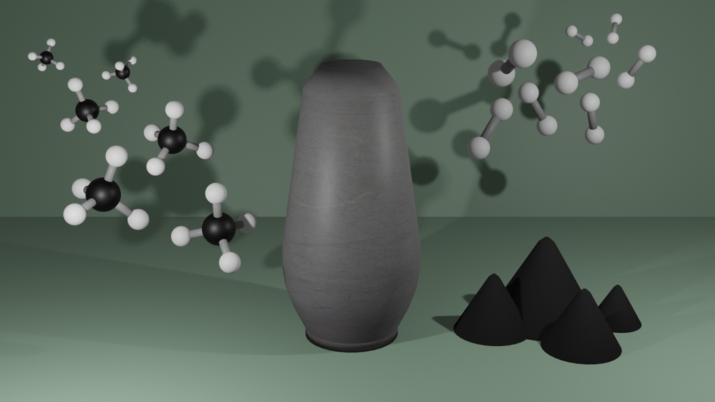 In einer Machbarkeitsstudie haben Forschende des KIT untersucht, wie mithilfe eines Hochtemperaturreaktors aus Methan (links) Wasserstoff und Kohlenstoff (rechts) gewonnen werden kann. (Grafik: Patrick Lott, KIT) 