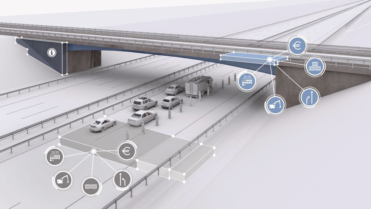Digitales Modell einer Autobahnbrücke.  Verschiedene Icons verweisen auf zusätzliche Informationen, z. B.  zu Materialien oder Kosten.