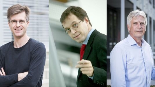 Von links nach rechts: Professor Christopher Barner-Kowollik (Foto: Sandra Göttisheim, KIT), Professor Martin Wegener (Foto: Andrea Fabry) und Professor Martin Bastmeyer (Foto: Markus Breig, KIT).