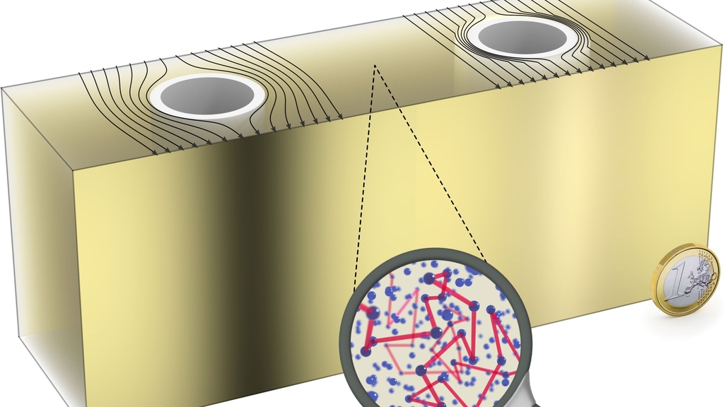 In a diffusive light-scattering medium, light moves on random paths (see magnifying glass). A normal object (left) casts a shadow, an object with an invisibility cloak (right) does not. (Image: R. Schittny / KIT)