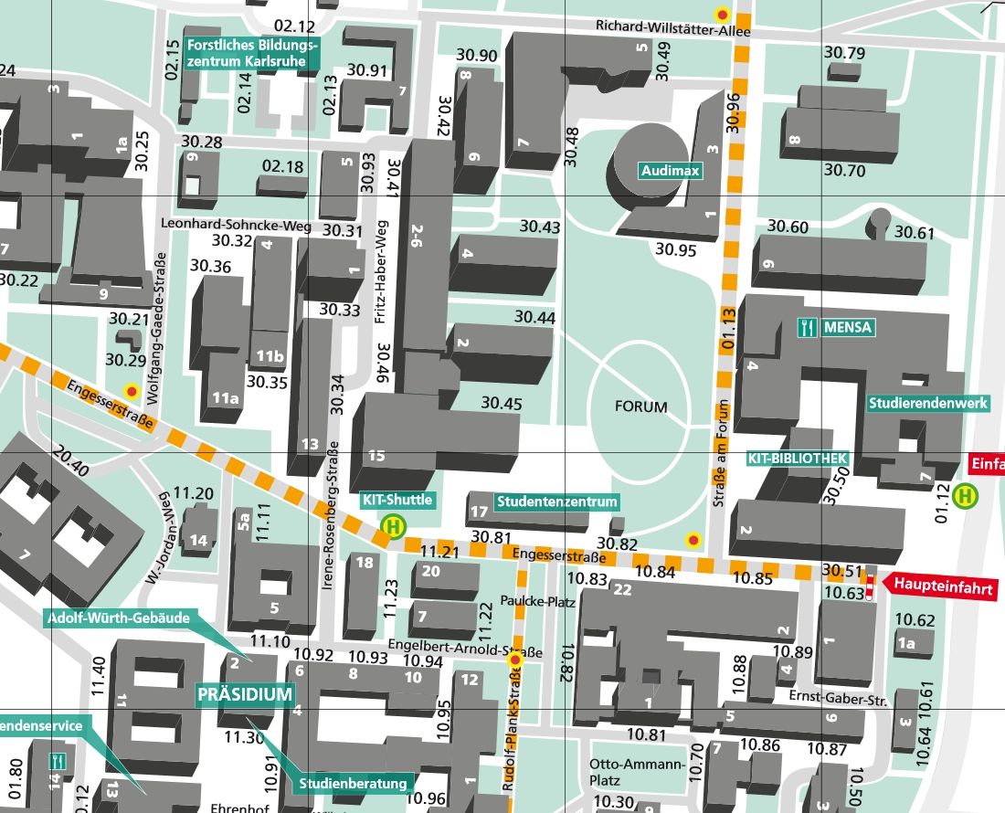 Der digitale Campusplan mit Gebäudenummern und Straßen. 