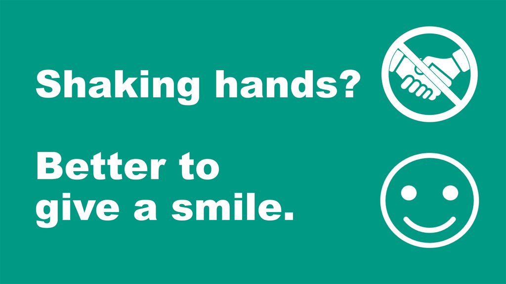 Key Visual mit Aufschrift: Händeschütteln? Lieber ein Lächeln schenken.