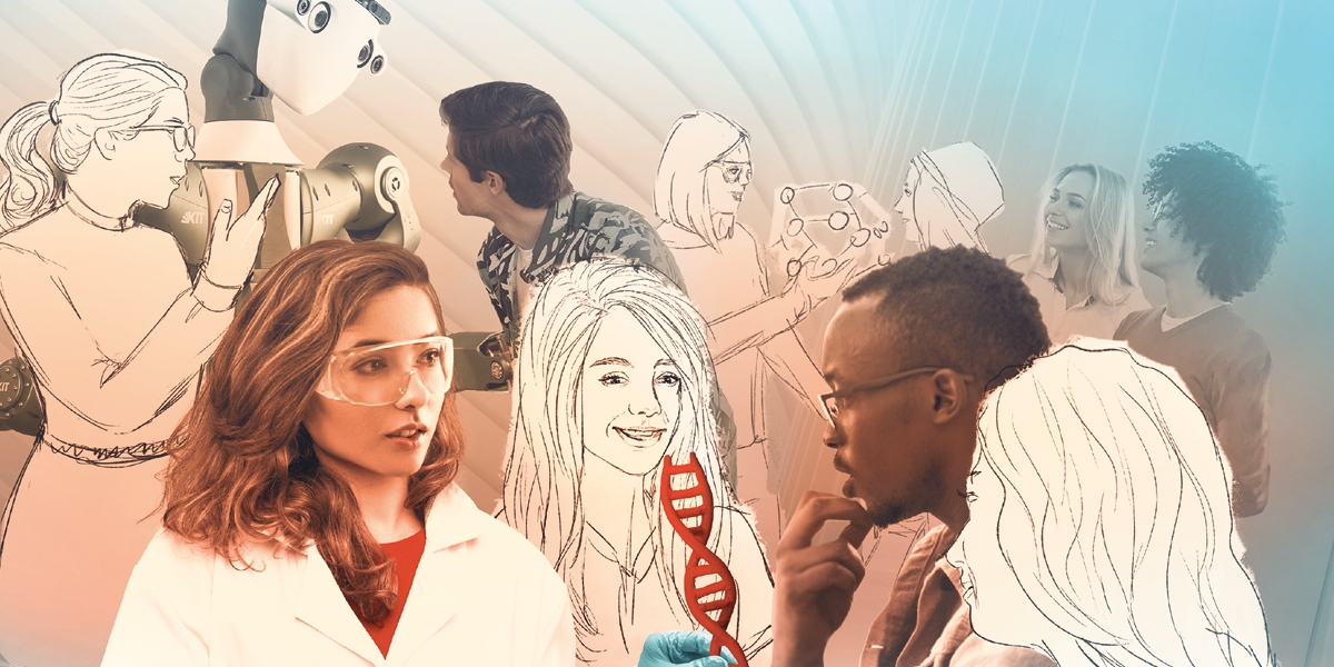 Die Titelgrafik des Forschungsmagazins lookKIT zeigt eine Wissenschaftlerin, die sich mit Bürgerinnen und Bürger unterhält. Im Hintergrund sind weitere Personen und ein Assistenzroboter.