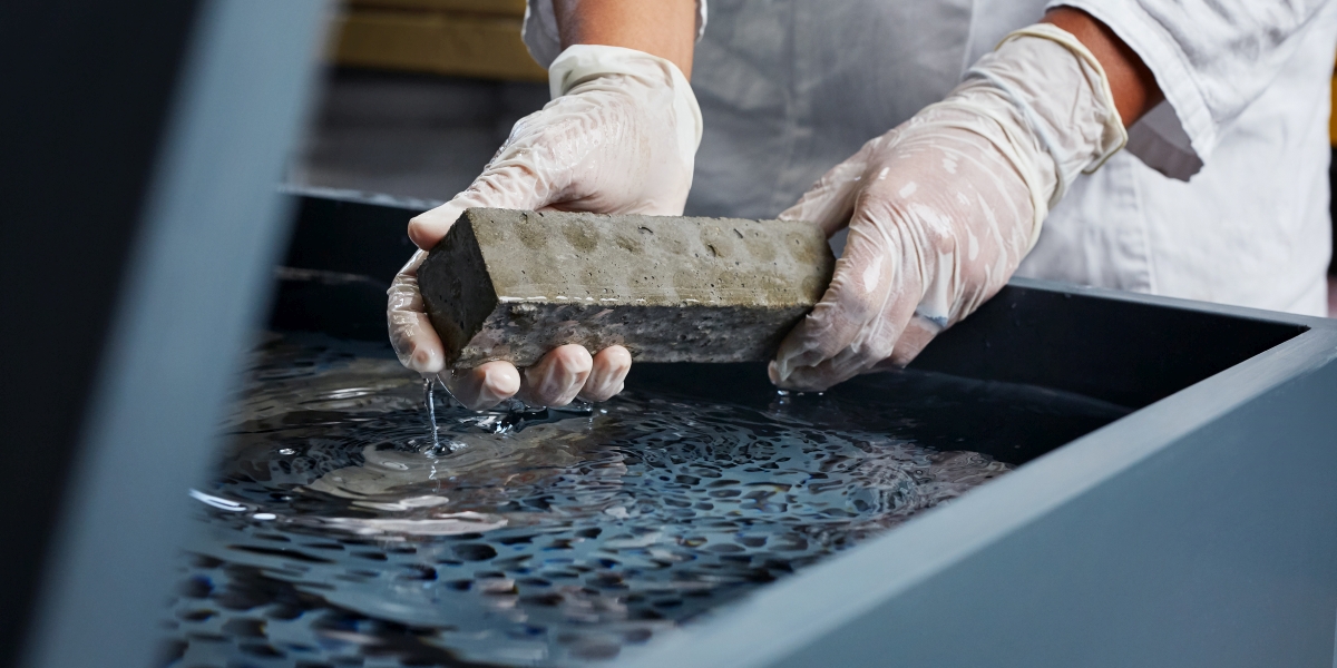 A person, whose hands can be seen only, takes a concrete block out of an acid bath. (Photo: Magali Hauser, KIT)