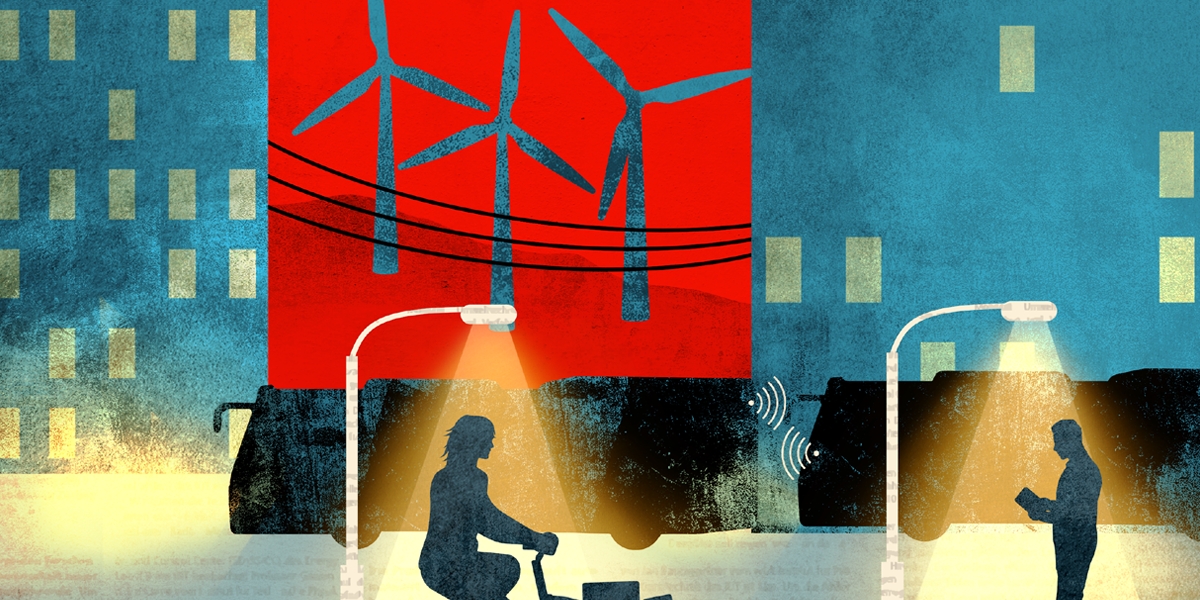 Titelseite von lookKIT: Es sind Windräder, ein Lastenfahrrad und ein Mensch mit Smartphone abgebildet.