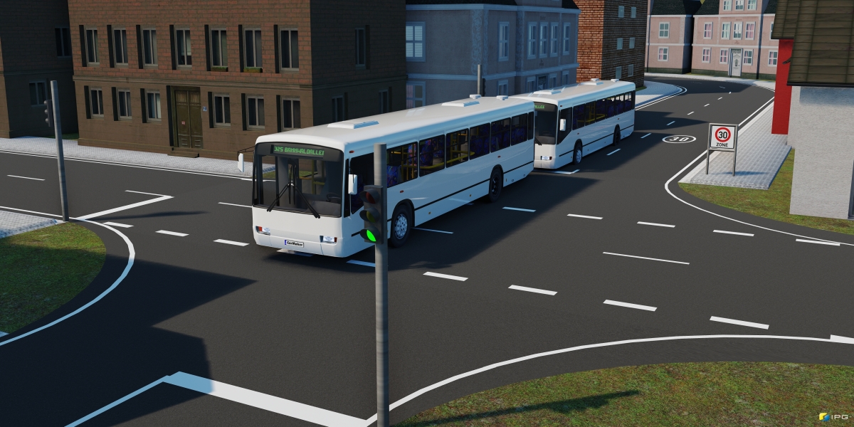 : Im Projekt TEMPUS wird erforscht, wie Busse mit einer elektronischen Deichsel aneinandergekoppelt werden können. (Grafik erstellt mit CarMaker von IPG)