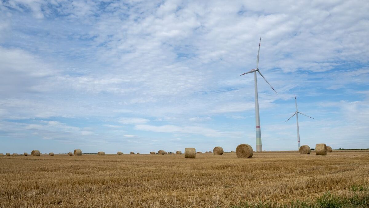 Windkraftanlage auf landwirtschaftlicher Fläche als Symbol für eine CO2-neutrale Energieerzeugung