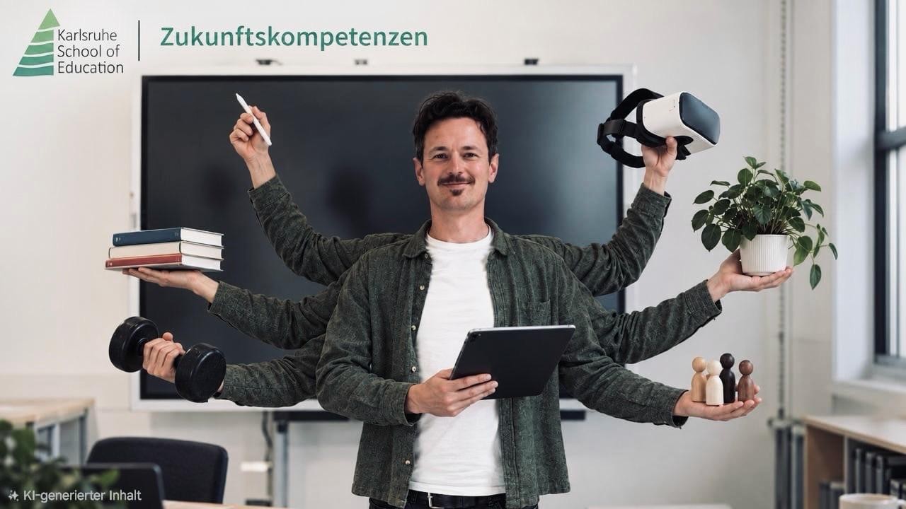 Enes Smajic (KI überarbeitet) Mann mit sieben Armen, der in jeder Hand unterschiedlcihe Gegenstände hält und vor einem Bildschirm steht.
