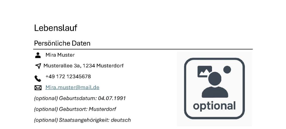 Ausschnitt aus einem Musterlebenslauf, der den Abschnitt „Persönliche Daten“ mit beispielhaften Kontaktangaben darstellt