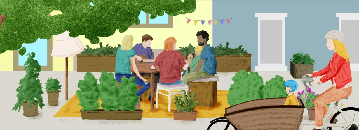  Four grown-ups, a child and a dog sitting around a table, one person playing the guitar
