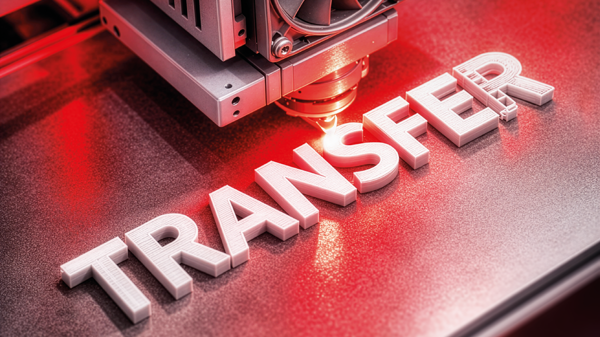 Titelseite der aktuellen lookKIT-Ausgabe: Ein 3D-Drucker druckt das Wort “TRANSFER”.