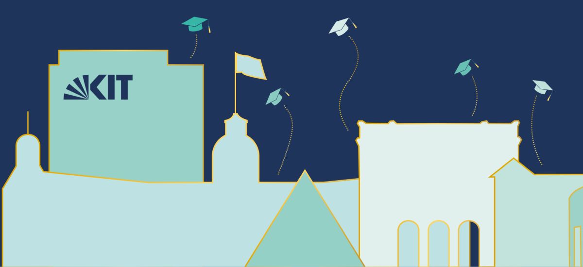 Grafische Darstellung der Graduationsfeier mit hochgeworfenen Doktorhüten auf dem Campus des KIT.