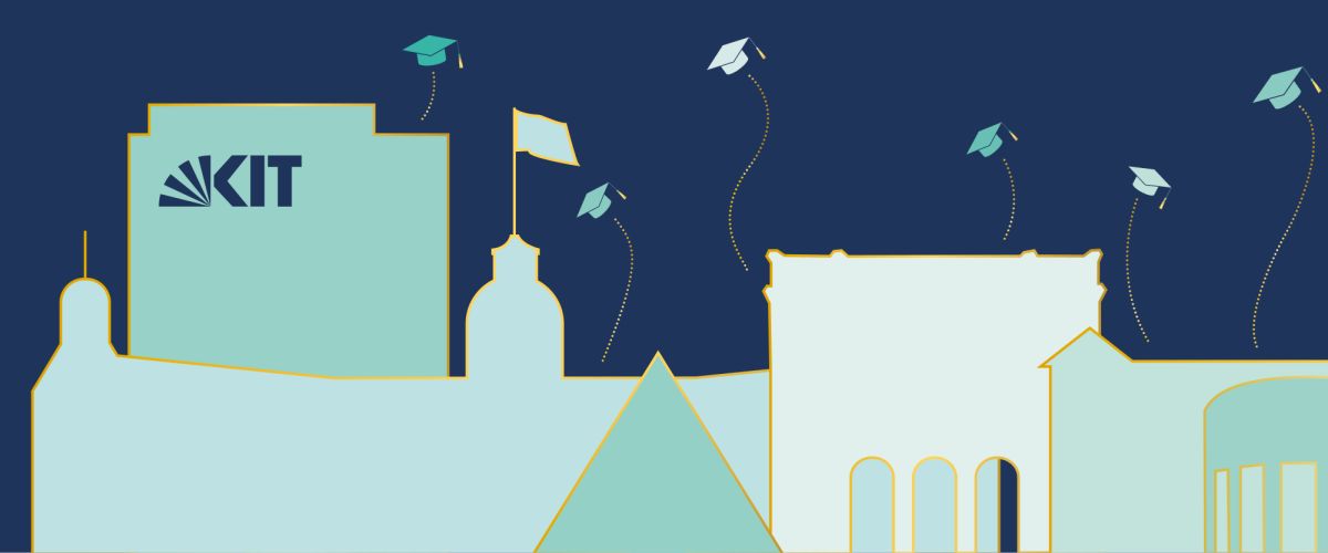 Grafische Darstellung der Graduationsfeier mit hochgeworfenen Doktorhüten auf dem Campus des KIT.