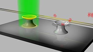 Schema eines Lab-on-Chip-Systems mit Mikrokelch-Laser, der optisch mit einem grünen Laser gepumpt wird (li); Mikrokelch-Resonator als Detektor für Biomoleküle (re). (Schematische Darstellung: Institut für Mikrostrukturtechnik, YIG Mappes)