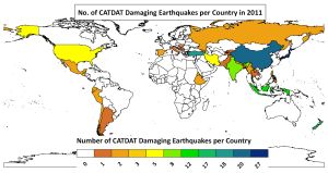 Erdbeben 2011: Die am häufigsten betroffenen Länder sind dunkelgrün und dunkelblau eingefärbt. (Grafik: CEDIM, GPI, Earthquake Report)