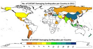 Earthquakes in 2011: The countries affected most often are colored dark green and dark blue. (Graphics: CEDIM, GPI, Earthquake Report)