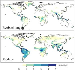 Die Unsicherheitsspannen im Niederschlag, die sich aufgrund unterschiedlicher Beobachtungsdatensätze (oben) und unterschiedlicher globaler Modelle ergeben. (Bild: IMK/KIT)