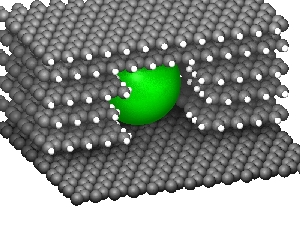 Graphit besteht aus in Schichten angeordneten Kohlenstoffatomen. Vom Rand dieser Schichten aus gräbt sich ein Metallpartikel in die Graphitprobe. (Bild: KIT/CFN)