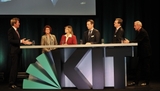 Talk-Runde „Technik reflektieren – Gesellschaft gestalten“: Moderator Markus Brock diskutierte mit Ulla Burchardt, Prof. Tanja Schultz, Dr. Stephan Fischer, Christoph Winterhalter, und Prof. Armin Grunwald (v.l.n.r.; Foto: Sandra Göttisheim).