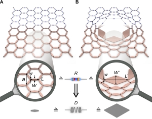 Mechanische Tarnkappe: In einer regelmäßigen bienenwabenartigen Struktur wird ein Loch durch eine Verzerrung ausgeglichen. Kräfte von außen wirken dann so, als wäre das Loch nicht vorhanden. (Bild: T. Bückmann/KIT)